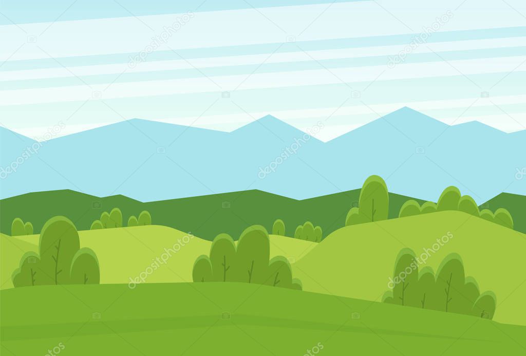 Cartoon flat summer landscape with green hills and mountains