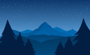 Gece dağlar gökyüzü üzerinde yıldız, yatay