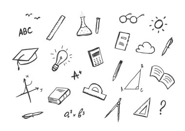 Beyaz arka plan üzerinde doddles malzemeleri vektör el çizilmiş kümesi.