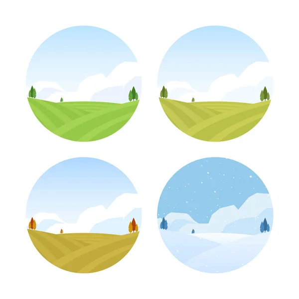 Set van vier seizoenen landelijk landschap met velden. Lente, zomer, herfst en winter — Stockvector