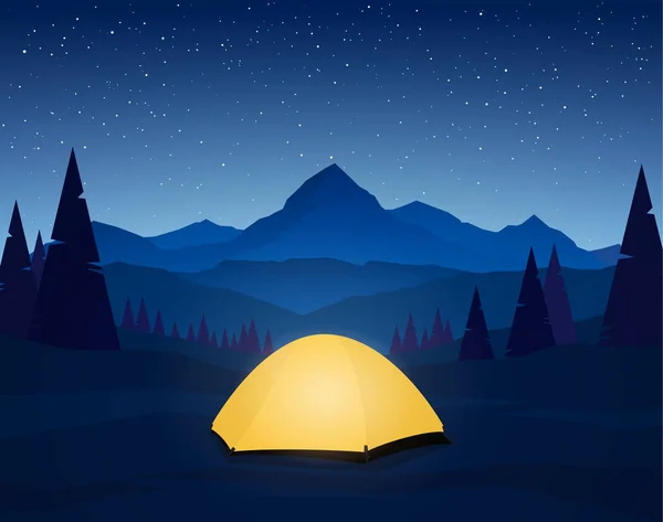 Noche Montañas planas paisaje con tienda de campaña en primer plano . — Vector de stock