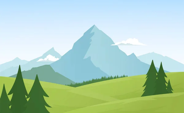 Estate pianeggiante Montagna Alpina paesaggio con pini in primo piano — Vettoriale Stock