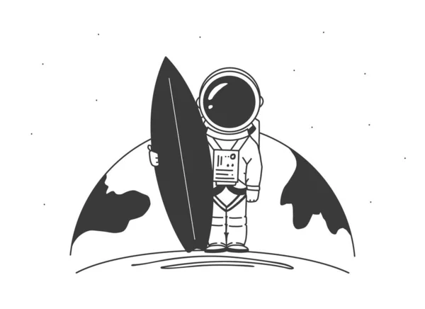 Ilustración vectorial: Astronauta surfista dibujado a mano con tabla de surf , — Vector de stock
