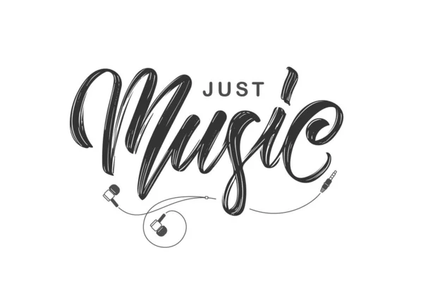 Huruf tinta kuas tulisan tangan dari Just Music dengan headphone di latar belakang putih - Stok Vektor