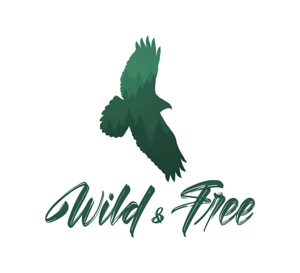 Vector illustration: Handwritten brush lettering of Wild and Free with forest silhouette of flying hawk — Stock Vector