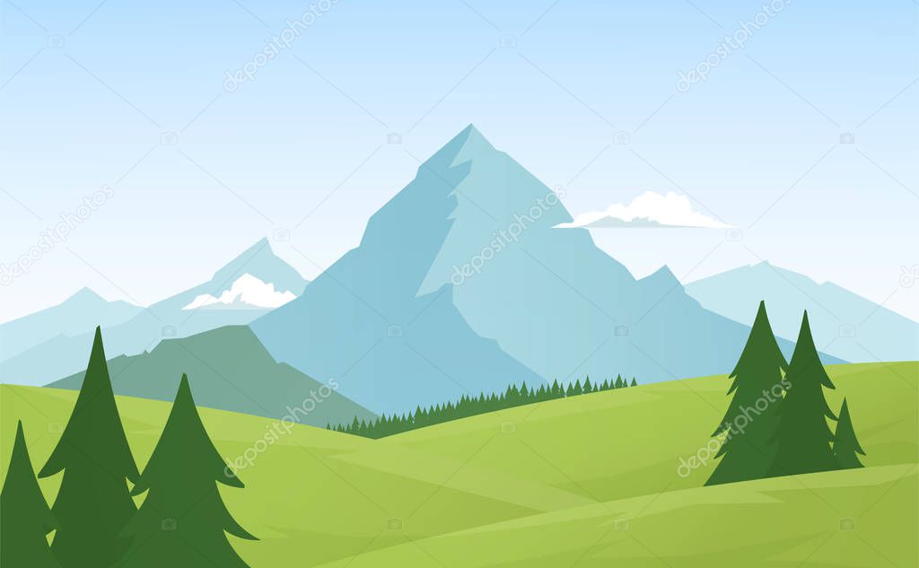 Summer flat Alpine Mountains landscape with pines on foreground