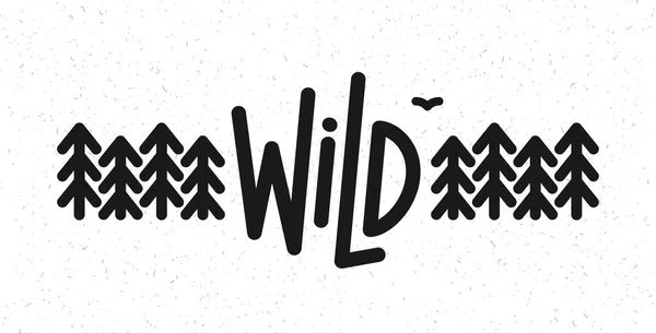 Vector flat illustration: Line typography lettering of Wild pine forest and bird. — Stock Vector