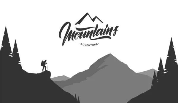 Cartoon mountains grayscale landscape with hiker on foreground — Stock Vector
