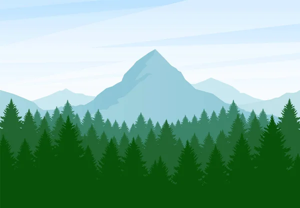 Ilustración vectorial: Montañas planas de verano paisaje con bosque de pinos y colinas — Archivo Imágenes Vectoriales