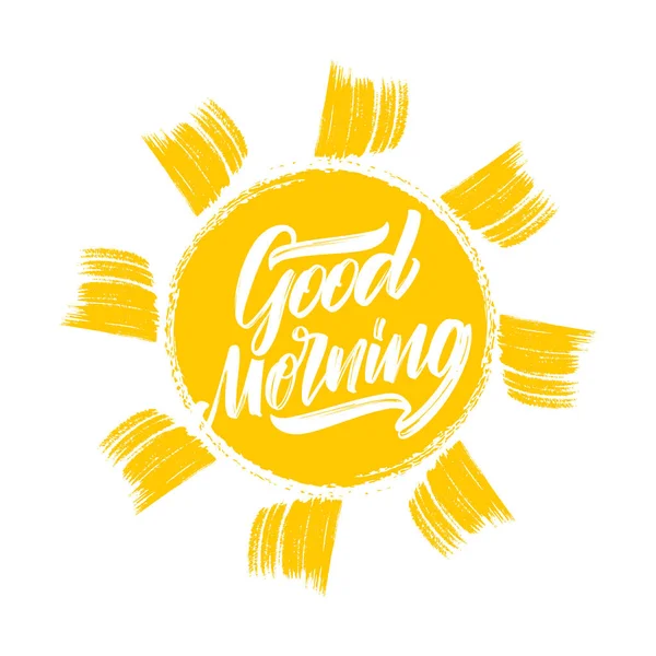 Векторная иллюстрация: рукописное разрешение "Доброе утро" на нарисованном солнцем фоне . — стоковый вектор