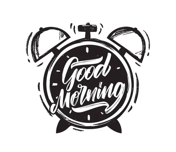 Vektor-Illustration: handgeschriebene Pinselschrift Guten Morgen mit handgezeichnetem Wecker auf weißem Hintergrund. — Stockvektor