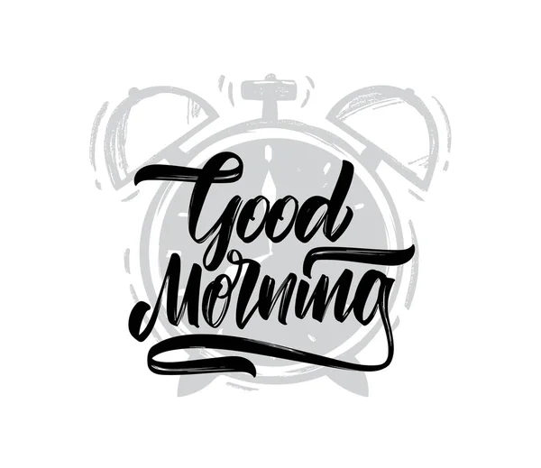 Ilustração do vetor: Tipo de pincel manuscrito lettring of Good Morning on Alarm Clock background . —  Vetores de Stock