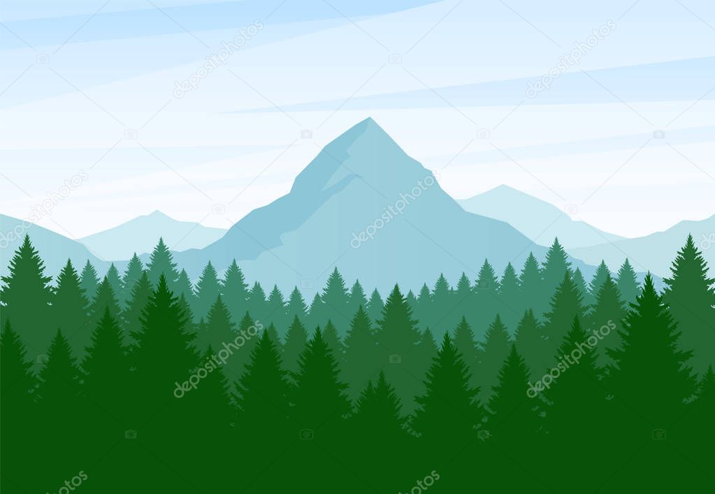 Vector illustration: Flat Summer Mountains landscape with pine forest and hills