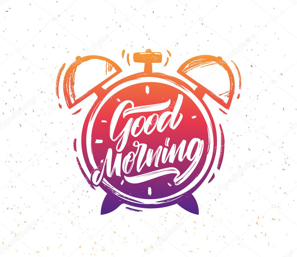 Vector illustration: Handwritten brush type lettring of Good Morning with hand drawn colorful Alarm Clock on white background