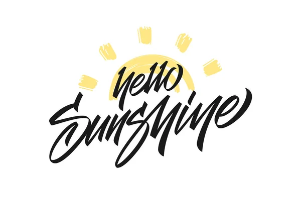 Illustrazione vettoriale: scrittura a mano di Hello Sunshine con sole disegnato a mano su sfondo bianco . — Vettoriale Stock