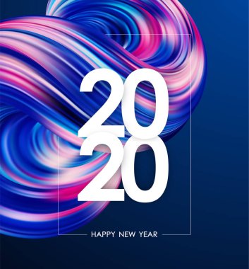 Mutlu Yıllar 2020. Renkli soyut sıvı veya sıvı şekli ile tebrik posteri. Modaya uygun tasarım
