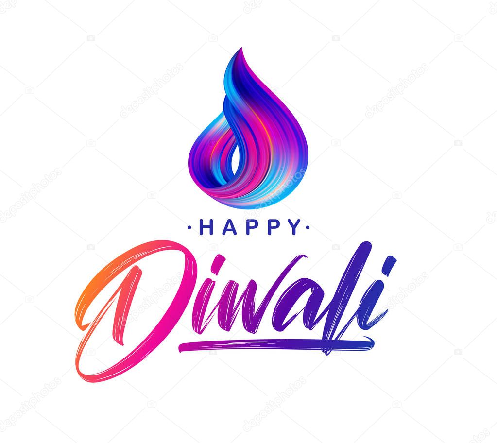 Greeting card with handwritten lettering of Happy Diwali and colorful brush stroke