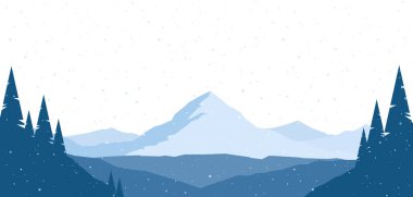 Kış karlı Dağlar düz manzara tepelerde çam silueti ile.