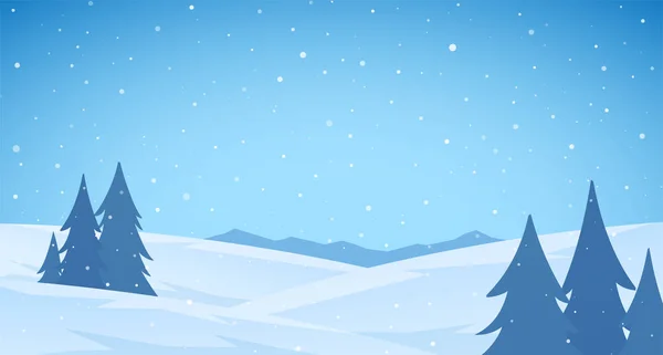 Cartoon Winter schneebedeckten Bergen flache Landschaft mit Kiefern und Hügeln. blauer weihnachtlicher Hintergrund — Stockvektor