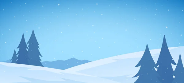 Dibujos animados Invierno nevado Montañas paisaje plano con pinos y colinas. Fondo de Navidad — Vector de stock