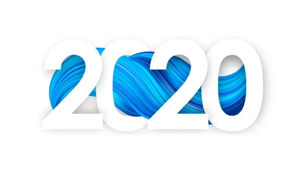 Felice anno nuovo. Numero di 2020 con blu astratto contorto tratto di vernice forma. Design alla moda — Vettoriale Stock