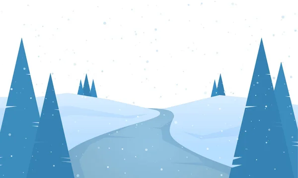도로, 소나무, 언덕이있는 겨울 평평한 풍경. — 스톡 벡터