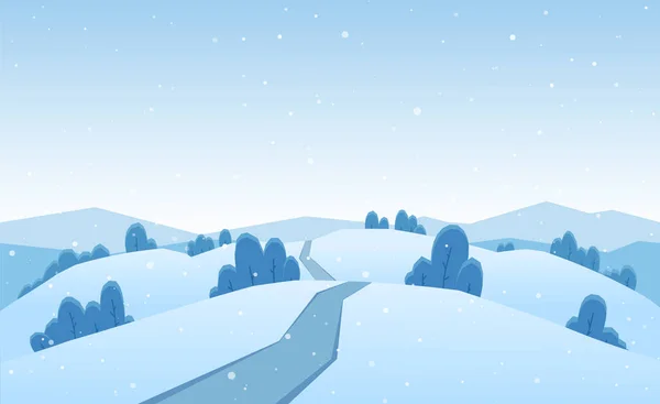 Inverno plana Montanhas paisagem com estrada, árvores e colinas . — Vetor de Stock