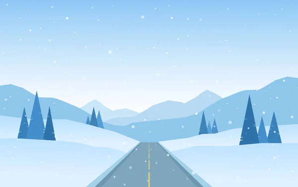 도로, 소나무와 언덕겨울 플랫 눈 덮인 산 풍경. — 스톡 벡터