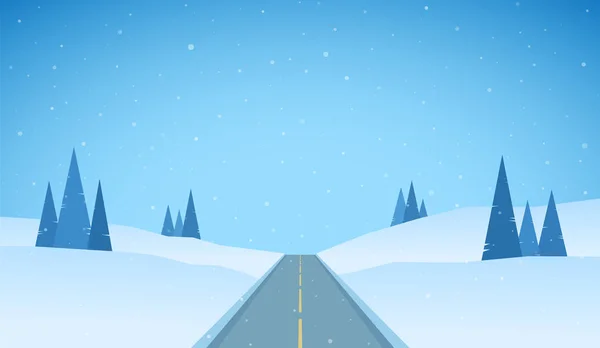 Zima płaskie Snowy krajobraz z drogi, sosny i wzgórza. — Wektor stockowy