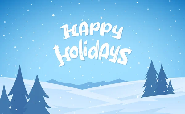 Montañas azules invierno paisaje nevado con letras dibujadas a mano de Felices Fiestas . — Vector de stock