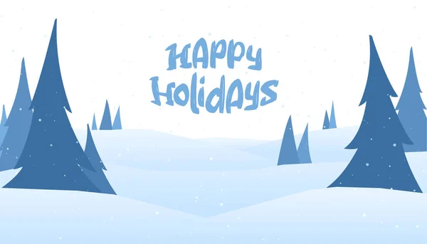 Tarjeta de felicitación de Navidad con letras de dibujos animados de Felices Fiestas y fondo nevado de invierno con pinos . — Vector de stock