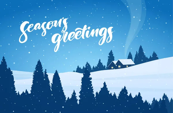 Winter verschneite Weihnachtslandschaft mit Cartoon-Haus und handgeschriebenem Schriftzug der Jahreszeiten. — Stockvektor