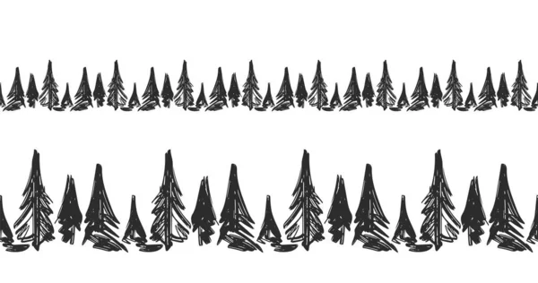 Ilustración Vectorial Conjunto Dos Bosques Pino Dibujados Mano Sin Costura — Vector de stock