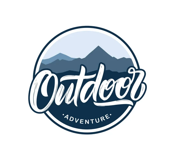Vector Print Emblem Flat Mountains Landscape Handwritten Lettering Outdoor Adventure — Stock Vector
