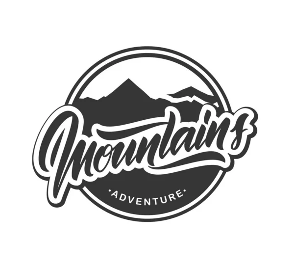 Vektor Abbildung Retro Emblem Mit Kalligraphischem Schriftzug Von Mountains Adventure — Stockvektor