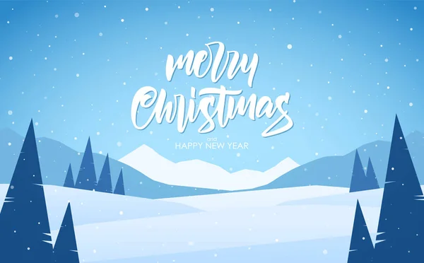 矢量图解 蓝山冬季雪景 手书上写着圣诞快乐的字样 松树在前景光明 — 图库矢量图片