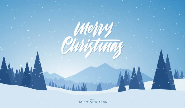 Vektör çizimi. Mavi dağlar, karlı kışın ön planda Mutlu Noeller ve çam ormanları yazılı el yazmaları..