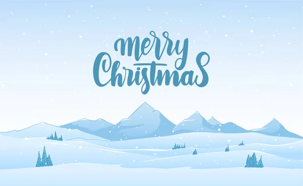 Векторна Ілюстрація Сніжний Пейзаж Синіх Горах Ручним Написом Веселого Різдва — стоковий вектор