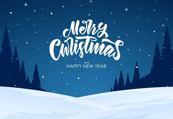 ベクトル図 青い夜の冬の背景にメリークリスマスの手書きのエレガントなレタリング — ストックベクタ
