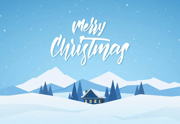 ベクトルイラスト 漫画の家とメリークリスマスの手書きのレタリングと青い冬のクリスマスの風景 — ストックベクタ