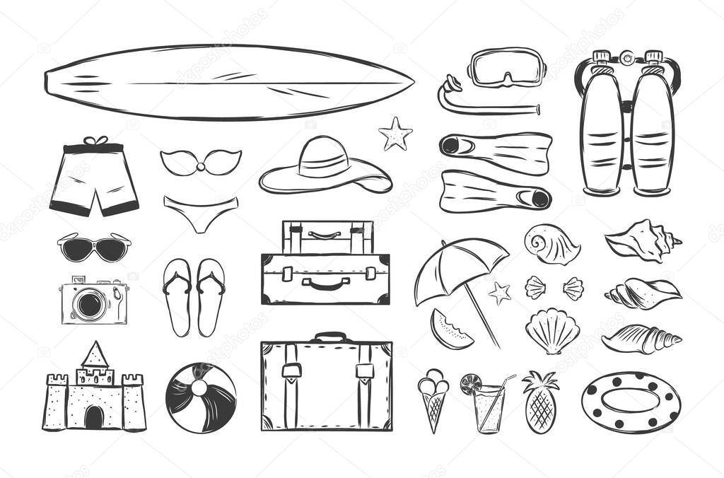 Vector illustration: Hand drawn set of Summer sea vacation elements. Sketch design