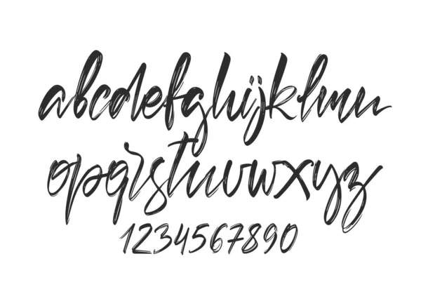 Escova caligráfica manuscrita Fonte. Letras do alfabeto inglês whith Números — Vetor de Stock