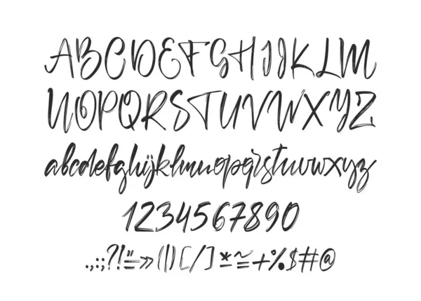 Handgeschriebene kalligrafische Pinselschrift. Englisch Alphabet Buchstaben auf weißem Hintergrund. Zahlen und Zeichensetzung. — Stockvektor