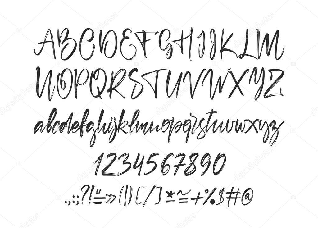 Handwritten calligraphic brush Font. English Alphabet letters on white background. Numbers and punctuation.