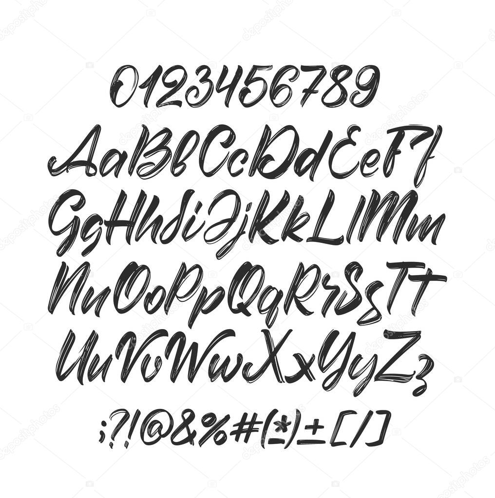 Vector illustration: Cursive Handwritten brush font. English Abc alphabet with punctuation and numbers on white background.