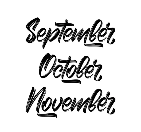 Handgeschreven vectorletters van de herfstmaanden. september, oktober en november. — Stockvector