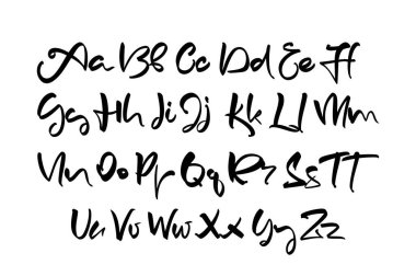 Vektör illüstrasyonu: Dekoratif el yazısı fırça yazı tipi. Beyaz arkaplanda İngilizce Abc alfabesi.