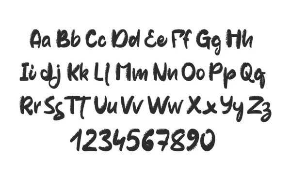 Vektorillustration: Handgezeichnete texturierte Pinselschrift. Handgeschriebenes englisches Abc-Alphabet mit Zahlen — Stockvektor