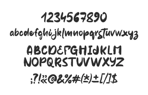 Vector Full Hand drawn textured Brush fuente. Alfabeto abc inglés manuscrito con números y puntuación. — Archivo Imágenes Vectoriales