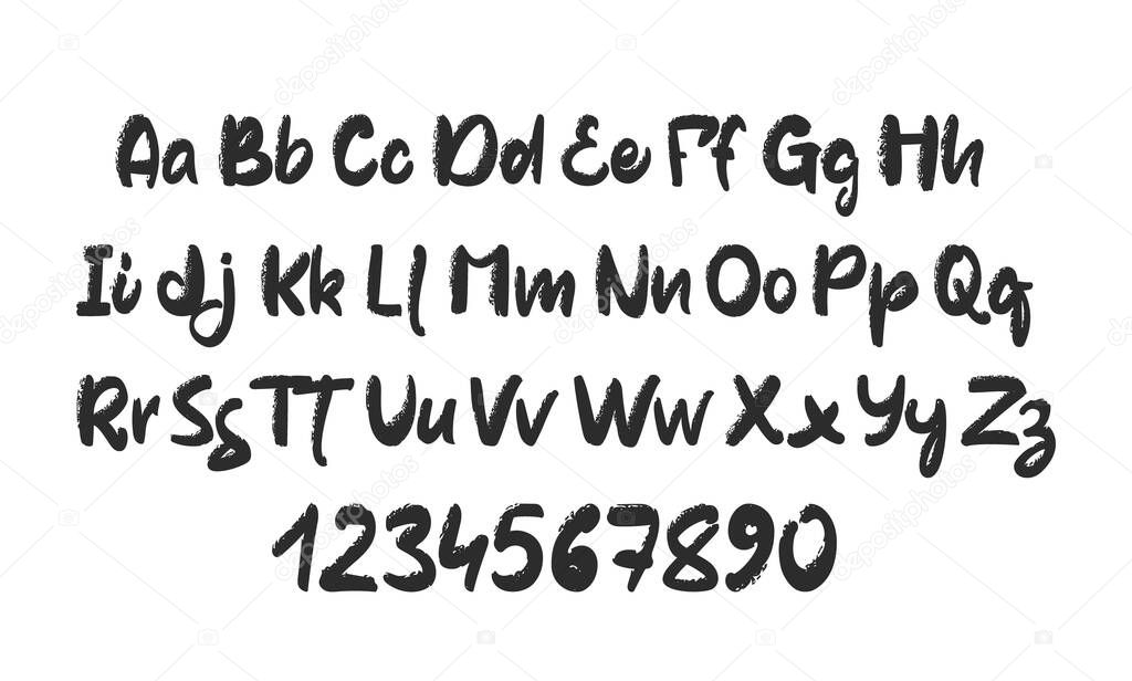 Vector illustration: Hand drawn textured Brush font. Handwritten English Abc alphabet with numbers